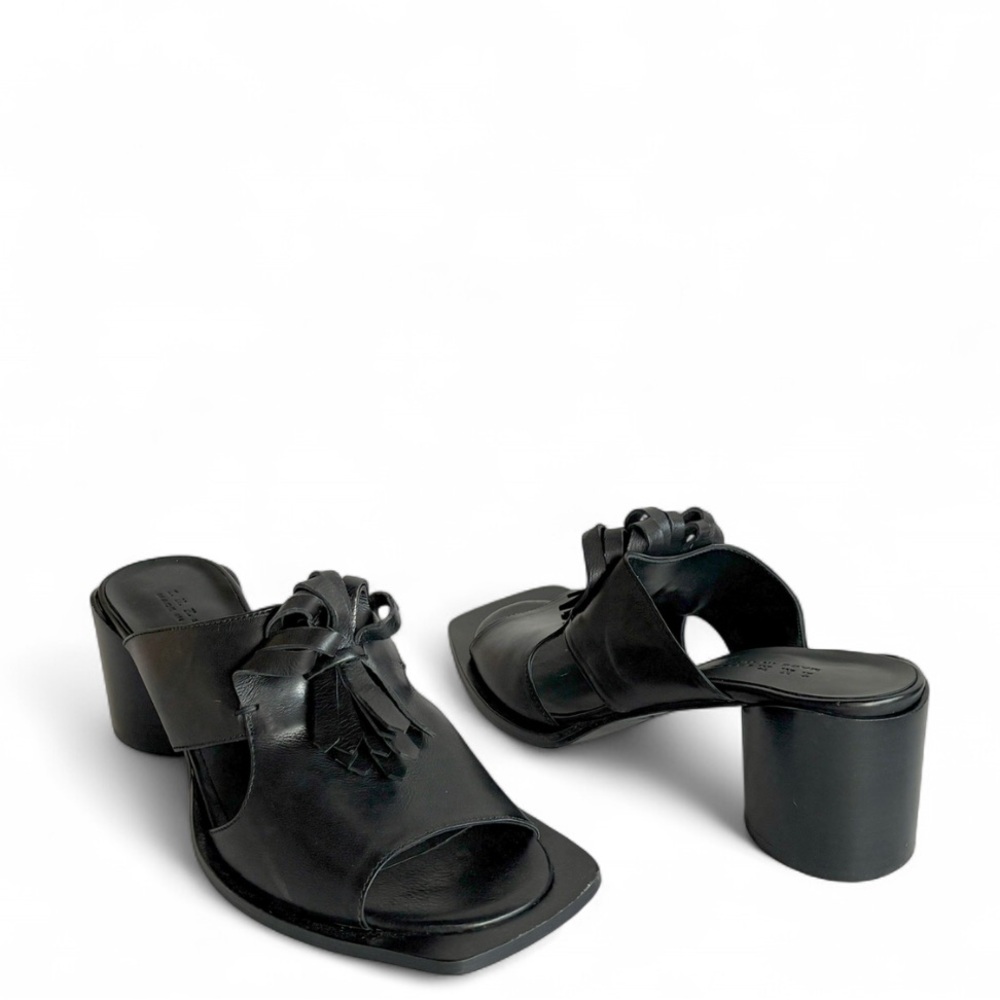 INK Bow Slide Black Leather Mule Heels
